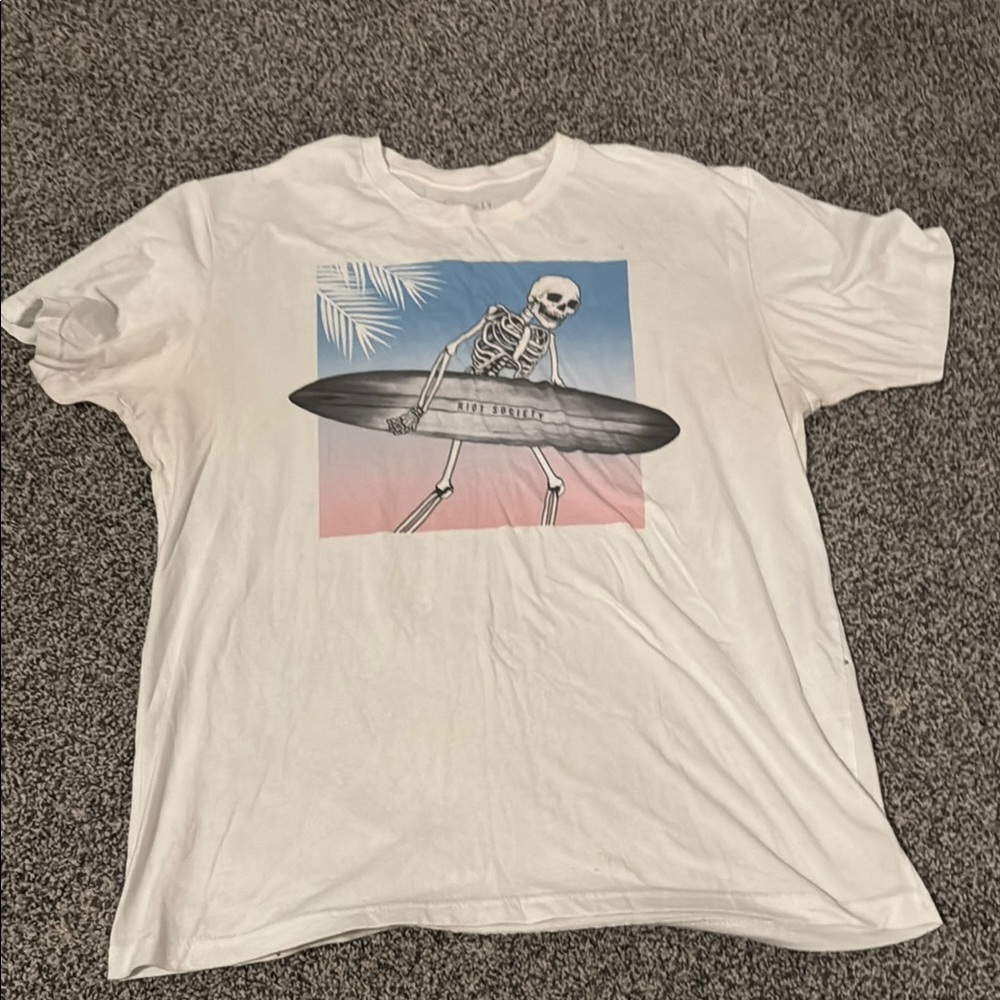 White Graphic T-Shirt with Skeleton Surfboard Design